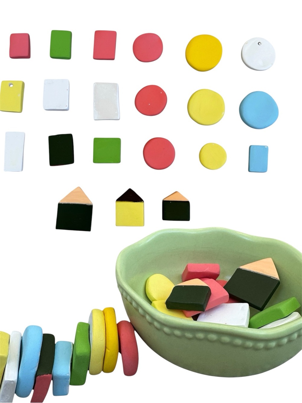 21 Handmade Clay Charms. Air-clay Molded and Base Coat Applied with Ceramic Bowl